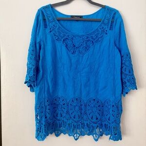 Vibrant Royal Blue Minkas Lace Patchwork Blouse 🦋 Boho Lagenlook 100% cotton